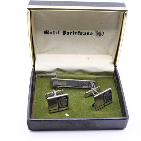 Vintage Motif Parisienne 300 Silver Tone Cuff Links and Tie Bar Set Original Box - Picture 2 of 10